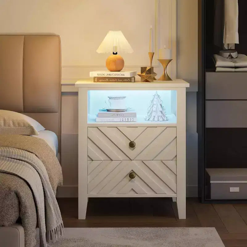 Table de chevet LED avec 2 tiroirs - Table de chevet de style ferme avec design en V pour chambre à coucher