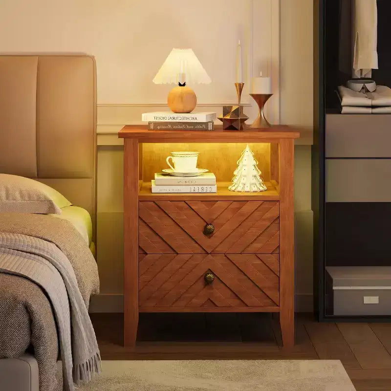 Table de chevet LED avec 2 tiroirs - Table de chevet de style ferme avec design en V pour chambre à coucher