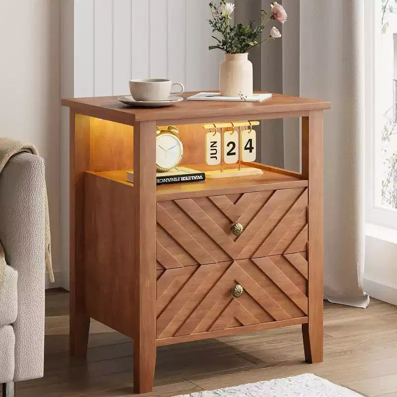 LED Nightstand with 2 Drawers - Farmhouse Bedside Table with V-Shaped Design for Bedroom
