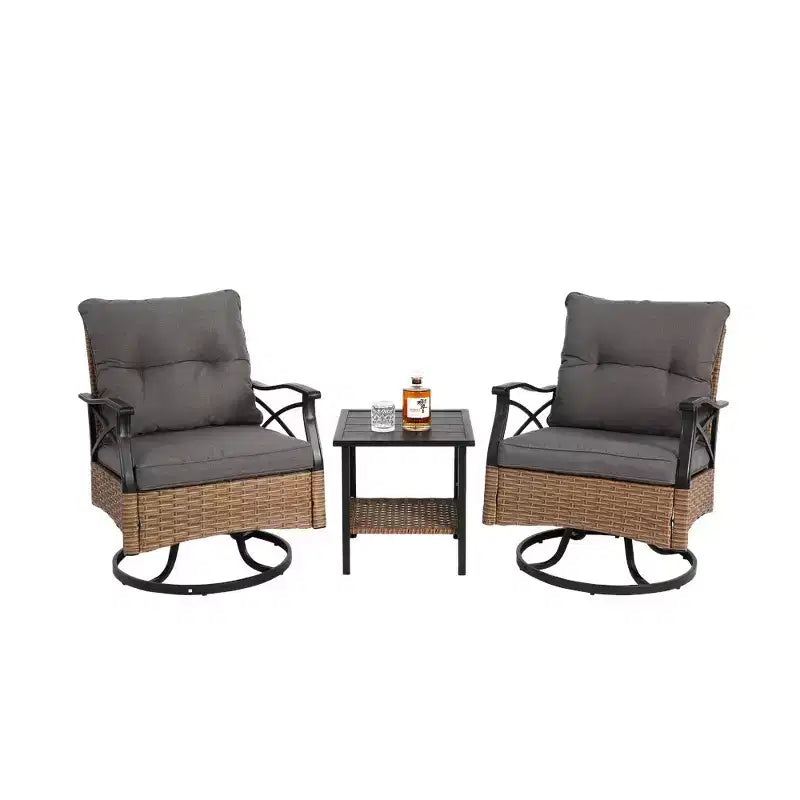 Whisen 3 Piece Outdoor Swivel Rocker Chairs Set with 1 Table and 2 Rocking & Swivel Chairs - Brown & Gray