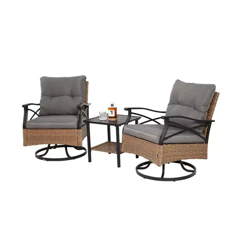 Whisen 3 Piece Outdoor Swivel Rocker Chairs Set with 1 Table and 2 Rocking & Swivel Chairs - Brown & Gray
