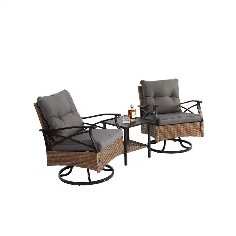 Whisen 3 Piece Outdoor Swivel Rocker Chairs Set with 1 Table and 2 Rocking & Swivel Chairs - Brown & Gray