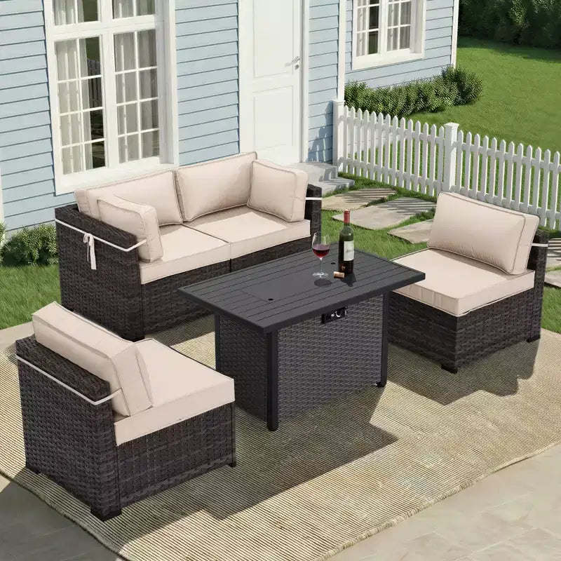 UPTIOT 5-Piece Patio Set: 2 Corner Sofas, 2 Side Chairs & Grey Fire Pit Table for Ultimate Outdoor Comfort and Entertainment