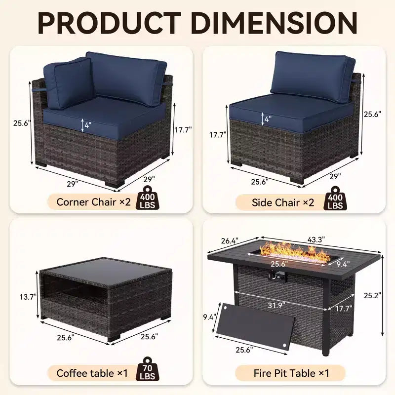 UPTIOT 5-Piece Patio Set: 2 Corner Sofas, 2 Side Chairs & Grey Fire Pit Table for Ultimate Outdoor Comfort and Entertainment