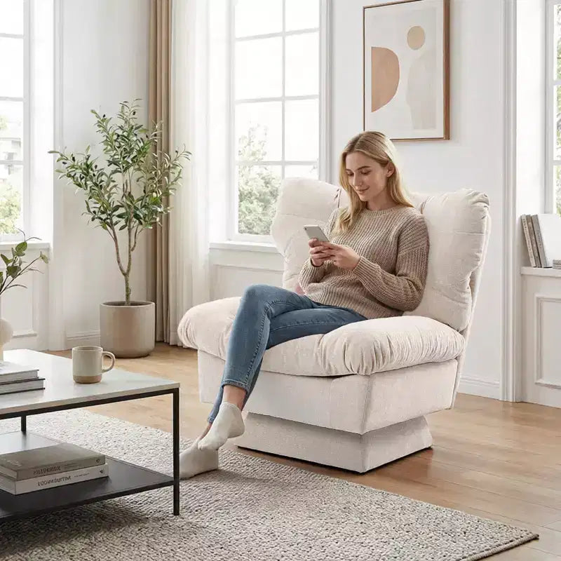 Fauteuil pivotant moderne, Fauteuil de canapé confortable avec base surdimensionnée, Siège étendu de 52,8 cm de profondeur, pour salon, chambre ou bureau