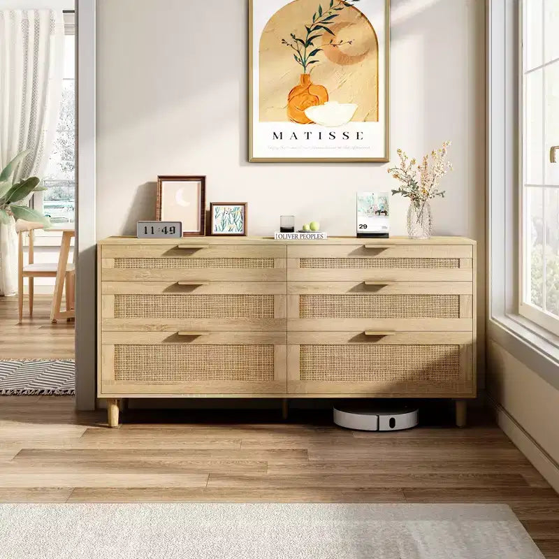 JVNOXK 59-inch rattan 6-drawer dresser, bedroom clothing storage cabinet, metal handles and wooden legs, suitable for bedrooms, natural color