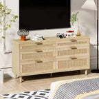 JVNOXK 59-inch rattan 6-drawer dresser, bedroom clothing storage cabinet, metal handles and wooden legs, suitable for bedrooms, natural color