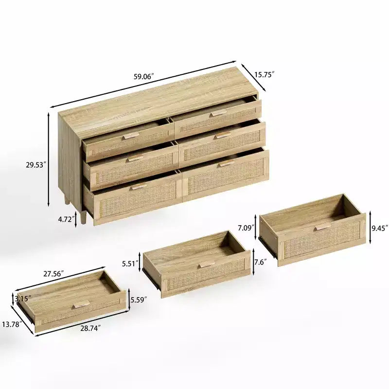 JVNOXK 59-inch rattan 6-drawer dresser, bedroom clothing storage cabinet, metal handles and wooden legs, suitable for bedrooms, natural color