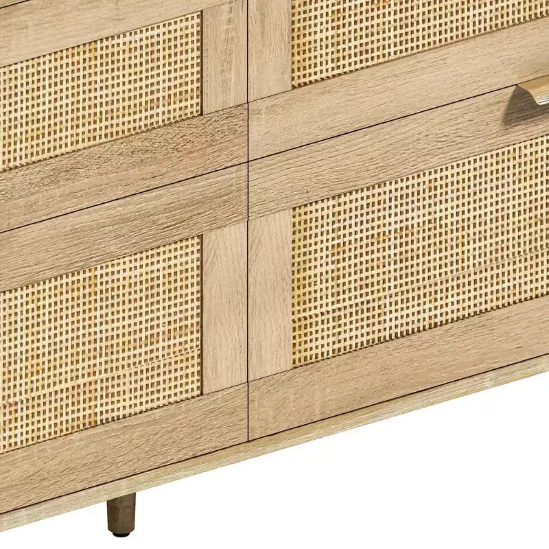 JVNOXK 59-inch rattan 6-drawer dresser, bedroom clothing storage cabinet, metal handles and wooden legs, suitable for bedrooms, natural color