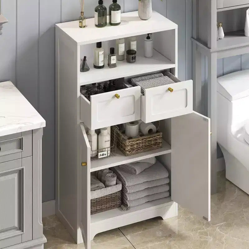 KOLIGEY Meuble bas de salle de bain moderne avec étagère ouverte 2 portes 2 tiroirs Meuble de rangement pour salon, cuisine, bureau à domicile Blanc