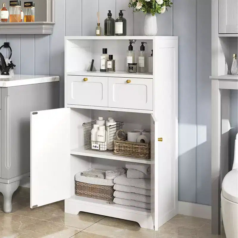 KOLIGEY Meuble bas de salle de bain moderne avec étagère ouverte 2 portes 2 tiroirs Meuble de rangement pour salon, cuisine, bureau à domicile Blanc