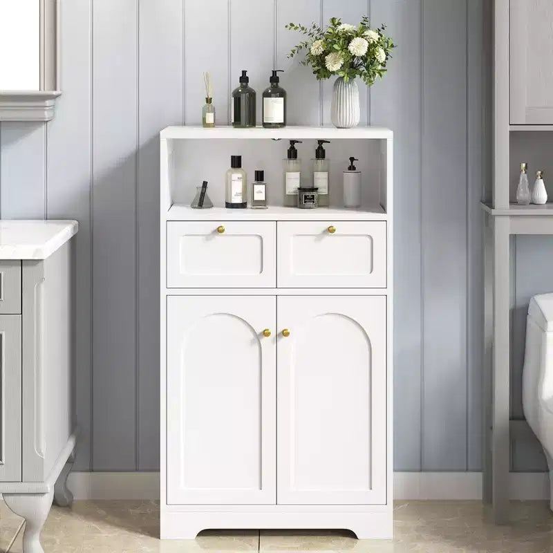 KOLIGEY Meuble bas de salle de bain moderne avec étagère ouverte 2 portes 2 tiroirs Meuble de rangement pour salon, cuisine, bureau à domicile Blanc