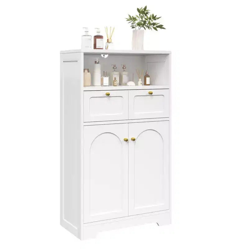KOLIGEY Meuble bas de salle de bain moderne avec étagère ouverte 2 portes 2 tiroirs Meuble de rangement pour salon, cuisine, bureau à domicile Blanc