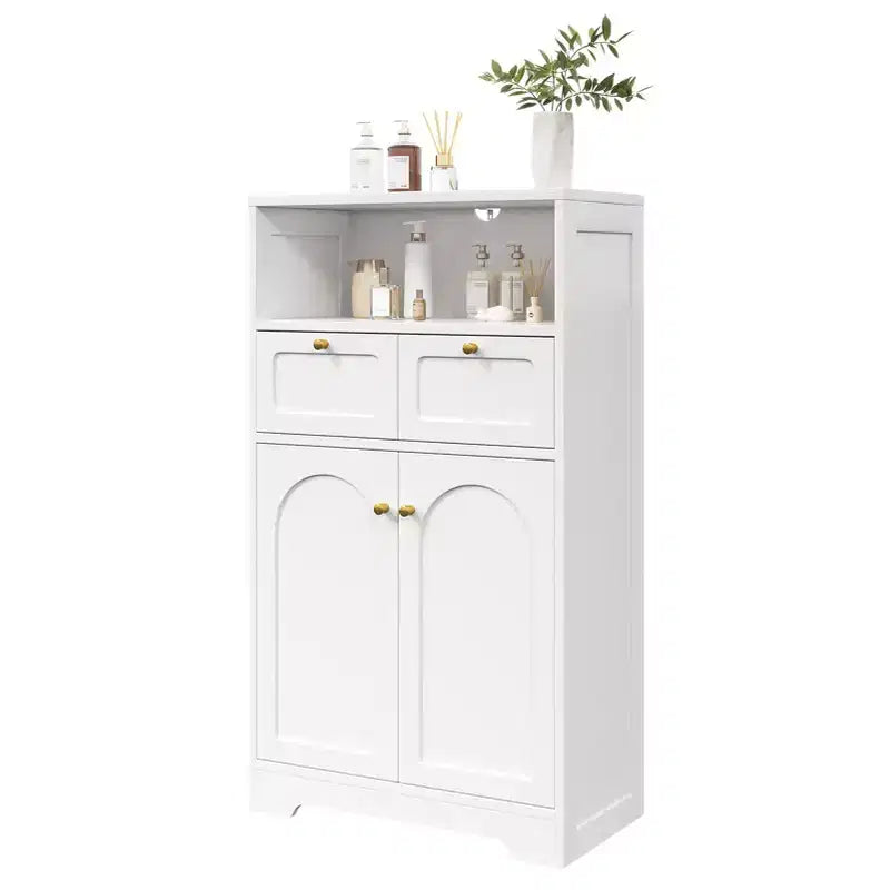 KOLIGEY Meuble bas de salle de bain moderne avec étagère ouverte 2 portes 2 tiroirs Meuble de rangement pour salon, cuisine, bureau à domicile Blanc