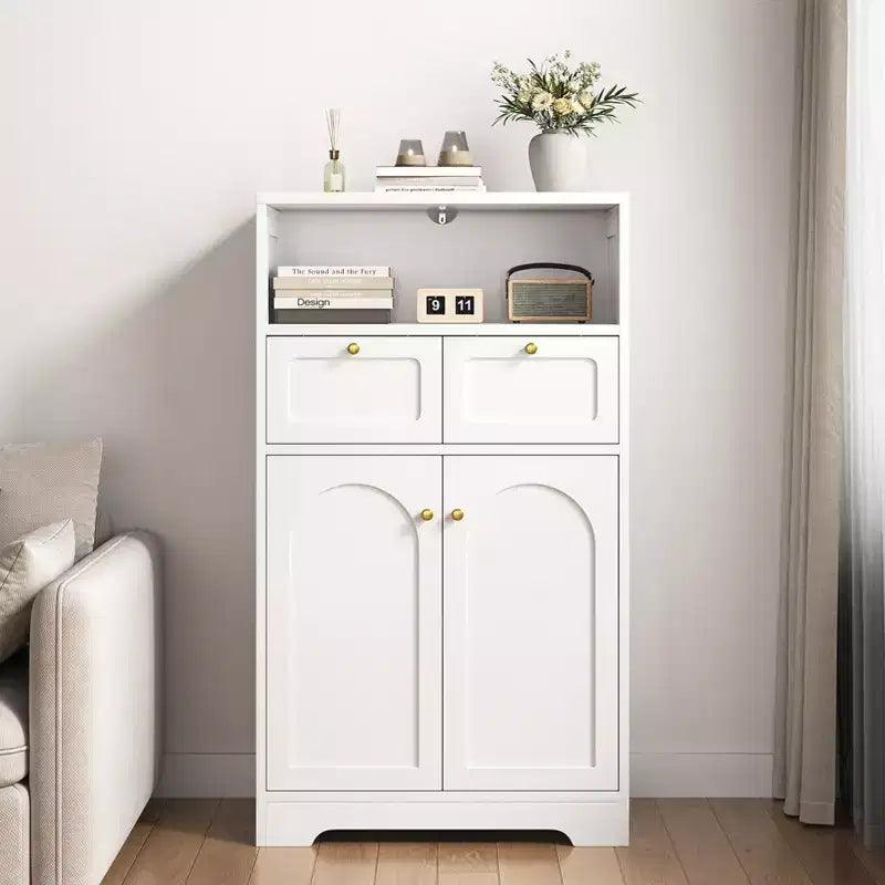 KOLIGEY Meuble bas de salle de bain moderne avec étagère ouverte 2 portes 2 tiroirs Meuble de rangement pour salon, cuisine, bureau à domicile Blanc