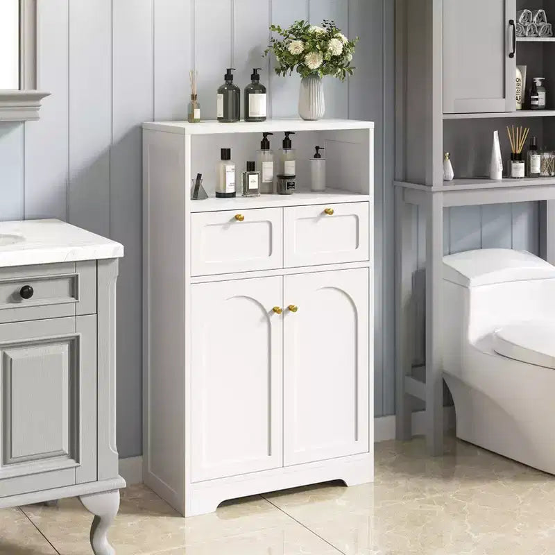 KOLIGEY Meuble bas de salle de bain moderne avec étagère ouverte 2 portes 2 tiroirs Meuble de rangement pour salon, cuisine, bureau à domicile Blanc