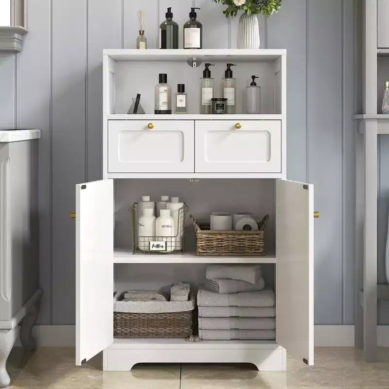 KOLIGEY Meuble bas de salle de bain moderne avec étagère ouverte 2 portes 2 tiroirs Meuble de rangement pour salon, cuisine, bureau à domicile Blanc