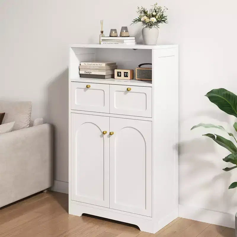 KOLIGEY Meuble bas de salle de bain moderne avec étagère ouverte 2 portes 2 tiroirs Meuble de rangement pour salon, cuisine, bureau à domicile Blanc