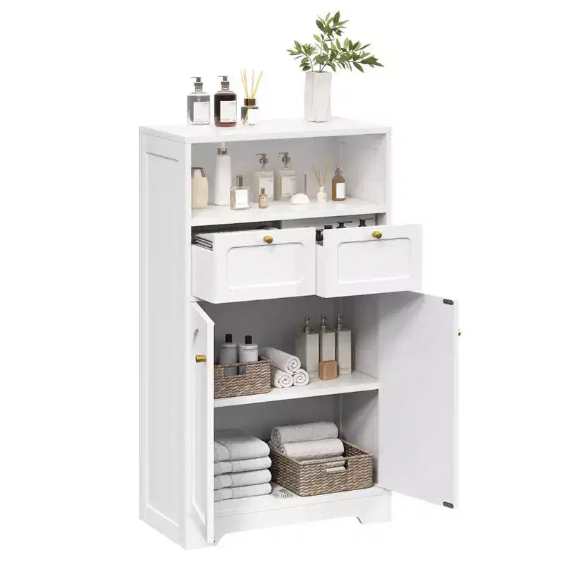 KOLIGEY Meuble bas de salle de bain moderne avec étagère ouverte 2 portes 2 tiroirs Meuble de rangement pour salon, cuisine, bureau à domicile Blanc