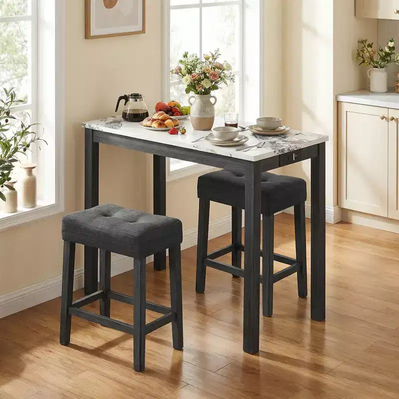 Costway 3 PCS Bar Table Set w/ Charging Station Modern Counter Height Breakfast Table