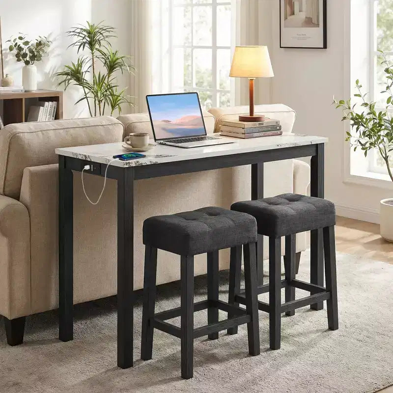 Costway 3 PCS Bar Table Set w/ Charging Station Modern Counter Height Breakfast Table