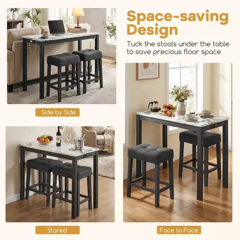 Costway 3 PCS Bar Table Set w/ Charging Station Modern Counter Height Breakfast Table