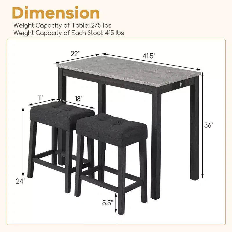 Costway 3 PCS Bar Table Set w/ Charging Station Modern Counter Height Breakfast Table