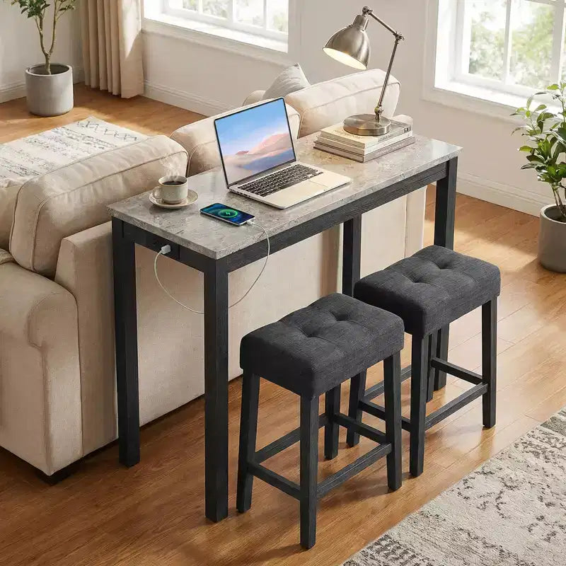 Costway 3 PCS Bar Table Set w/ Charging Station Modern Counter Height Breakfast Table