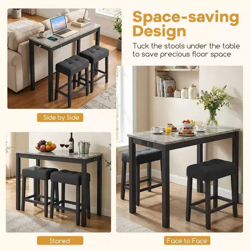 Costway 3 PCS Bar Table Set w/ Charging Station Modern Counter Height Breakfast Table
