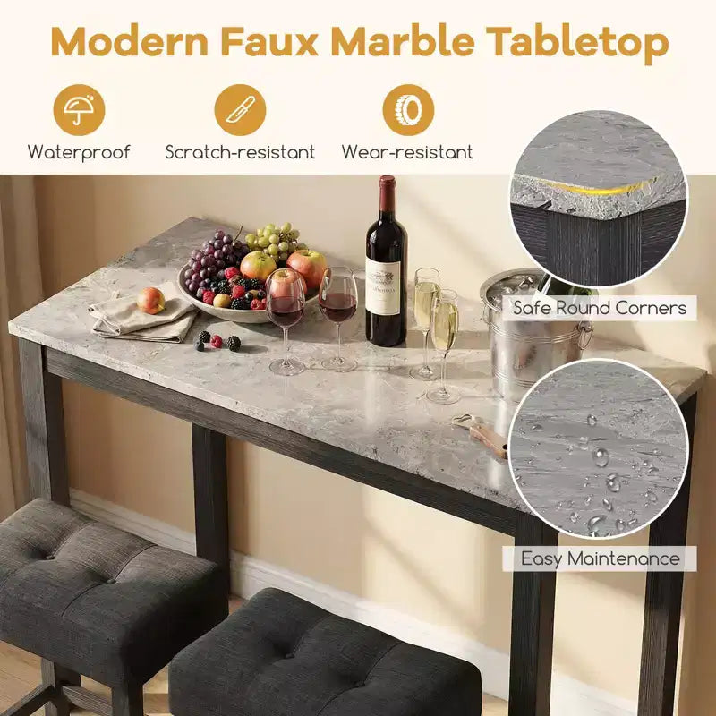 Costway 3 PCS Bar Table Set w/ Charging Station Modern Counter Height Breakfast Table