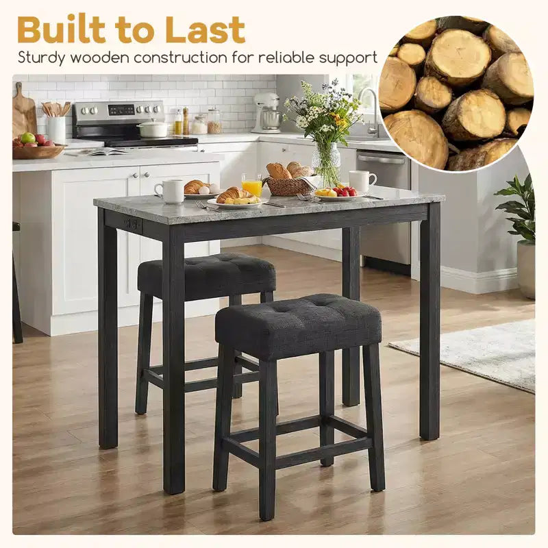 Costway 3 PCS Bar Table Set w/ Charging Station Modern Counter Height Breakfast Table