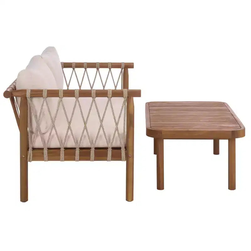 Sabrina Bench & Table Patio Set - Indoor/Outdoor - PAT6810 - Teak Brown/Cream - Safavieh