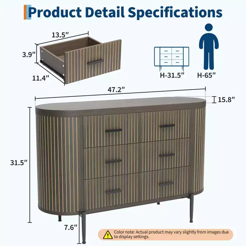 47in Wide 6 Drawer Mid Century Fluted Dresser - Metal Handles, Curved Profile & Sturdy Legs, Wooden TV Stand for Bedroom Living Room