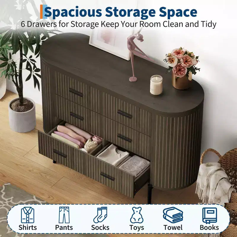 47in Wide 6 Drawer Mid Century Fluted Dresser - Metal Handles, Curved Profile & Sturdy Legs, Wooden TV Stand for Bedroom Living Room
