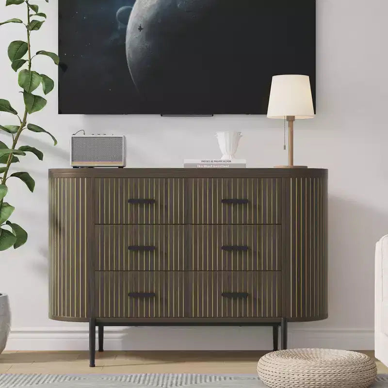 47in Wide 6 Drawer Mid Century Fluted Dresser - Metal Handles, Curved Profile & Sturdy Legs, Wooden TV Stand for Bedroom Living Room