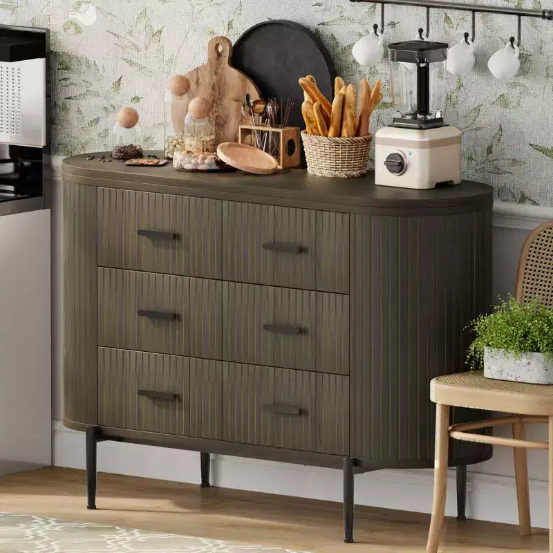 47in Wide 6 Drawer Mid Century Fluted Dresser - Metal Handles, Curved Profile & Sturdy Legs, Wooden TV Stand for Bedroom Living Room