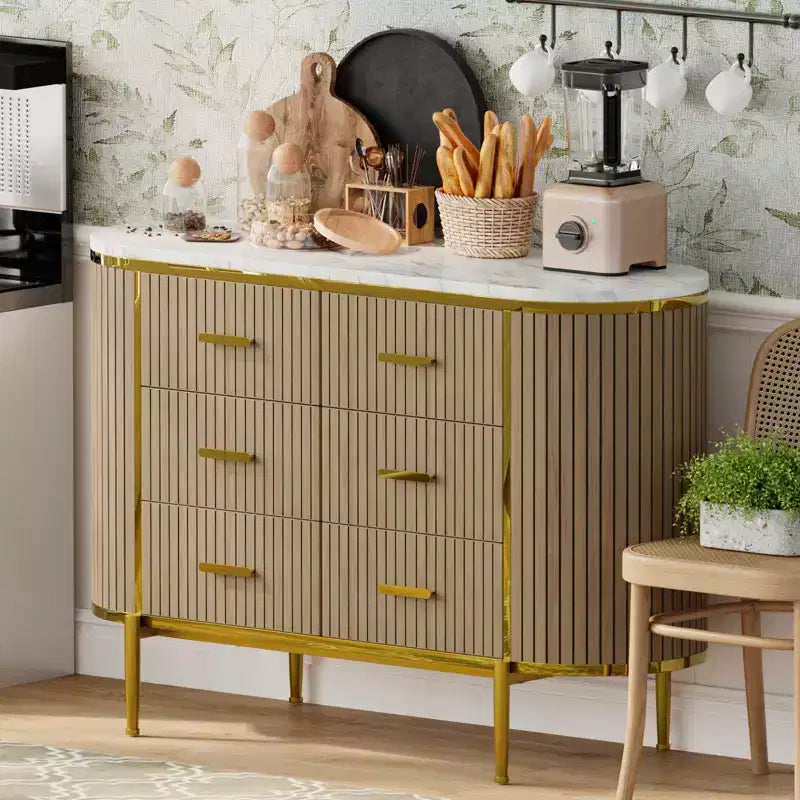 47in Wide 6 Drawer Mid Century Fluted Dresser - Metal Handles, Curved Profile & Sturdy Legs, Wooden TV Stand for Bedroom Living Room