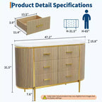 47in Wide 6 Drawer Mid Century Fluted Dresser - Metal Handles, Curved Profile & Sturdy Legs, Wooden TV Stand for Bedroom Living Room