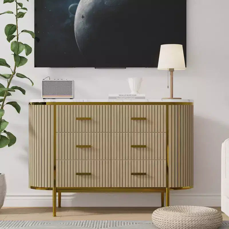 47in Wide 6 Drawer Mid Century Fluted Dresser - Metal Handles, Curved Profile & Sturdy Legs, Wooden TV Stand for Bedroom Living Room