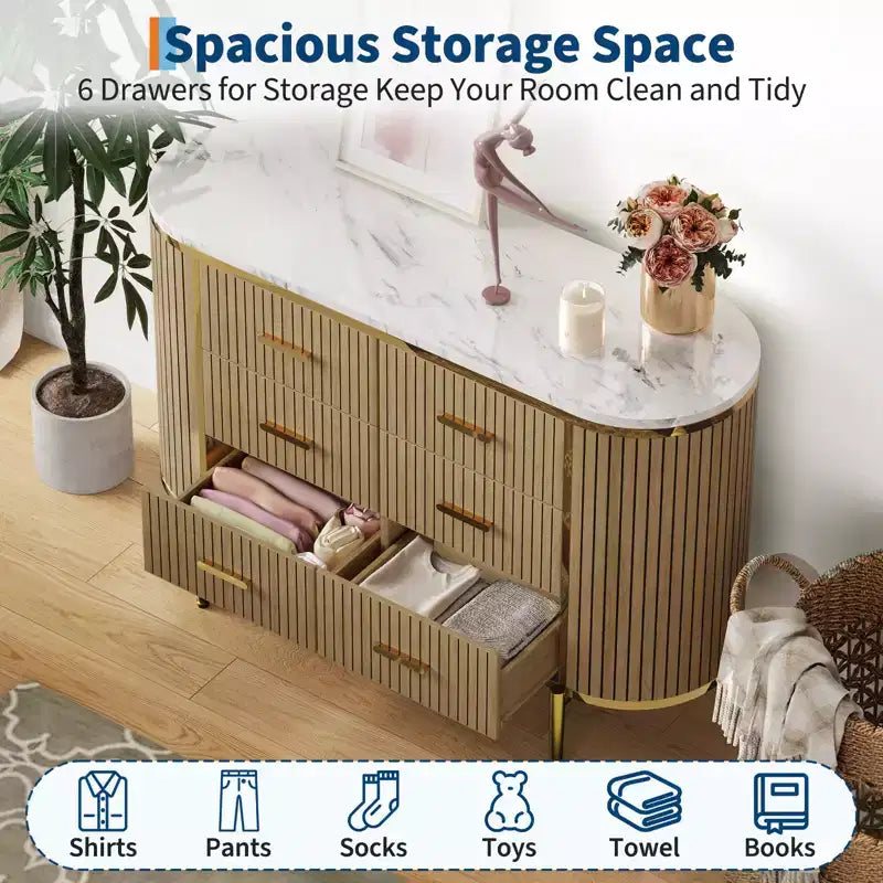 47in Wide 6 Drawer Mid Century Fluted Dresser - Metal Handles, Curved Profile & Sturdy Legs, Wooden TV Stand for Bedroom Living Room