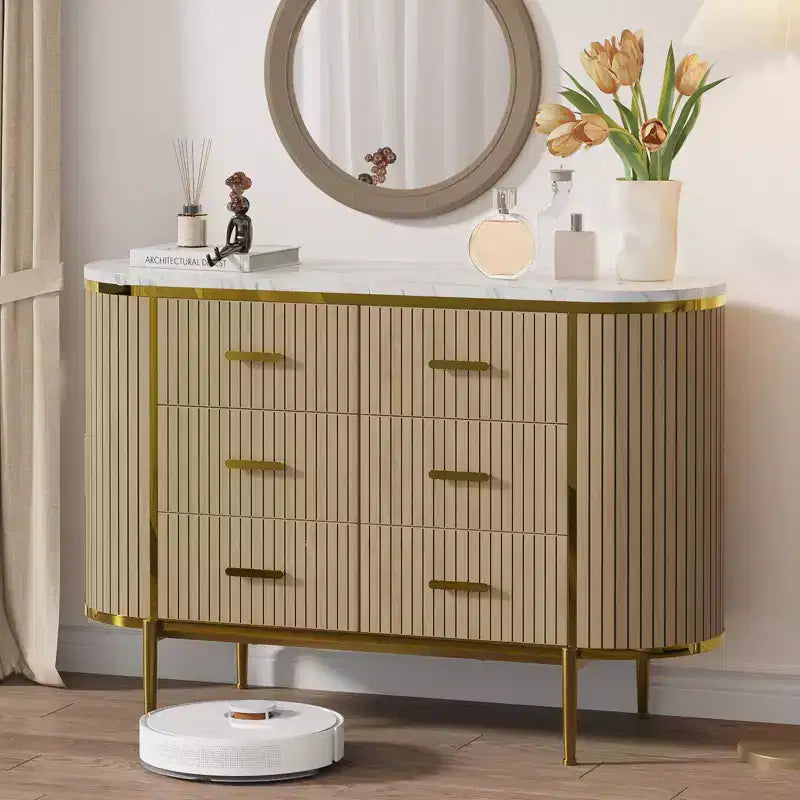 47in Wide 6 Drawer Mid Century Fluted Dresser - Metal Handles, Curved Profile & Sturdy Legs, Wooden TV Stand for Bedroom Living Room