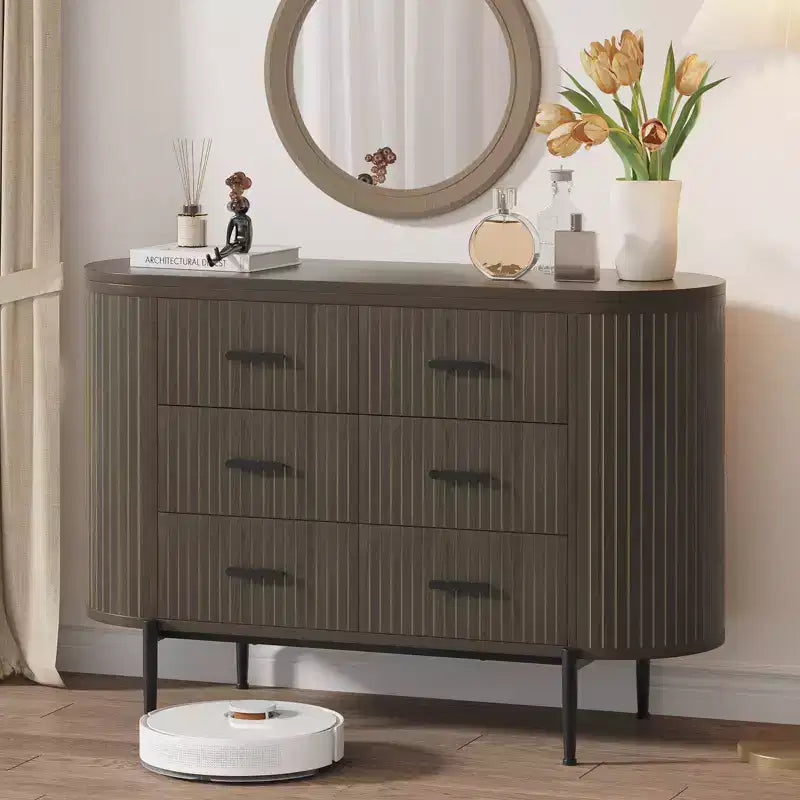 47in Wide 6 Drawer Mid Century Fluted Dresser - Metal Handles, Curved Profile & Sturdy Legs, Wooden TV Stand for Bedroom Living Room