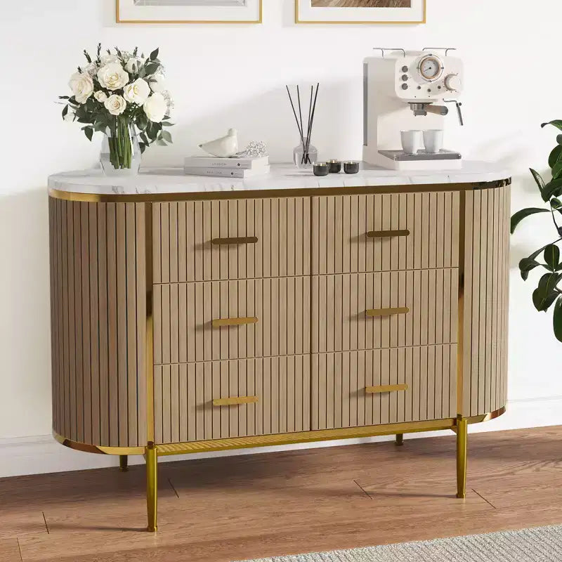 47in Wide 6 Drawer Mid Century Fluted Dresser - Metal Handles, Curved Profile & Sturdy Legs, Wooden TV Stand for Bedroom Living Room