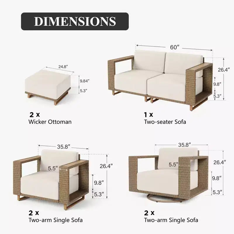 Captiva Designs Outdoor Patio Modular Furniture Sectional Wicker Sofa Set with Swivel Armchairs and Extra Thick Cushions