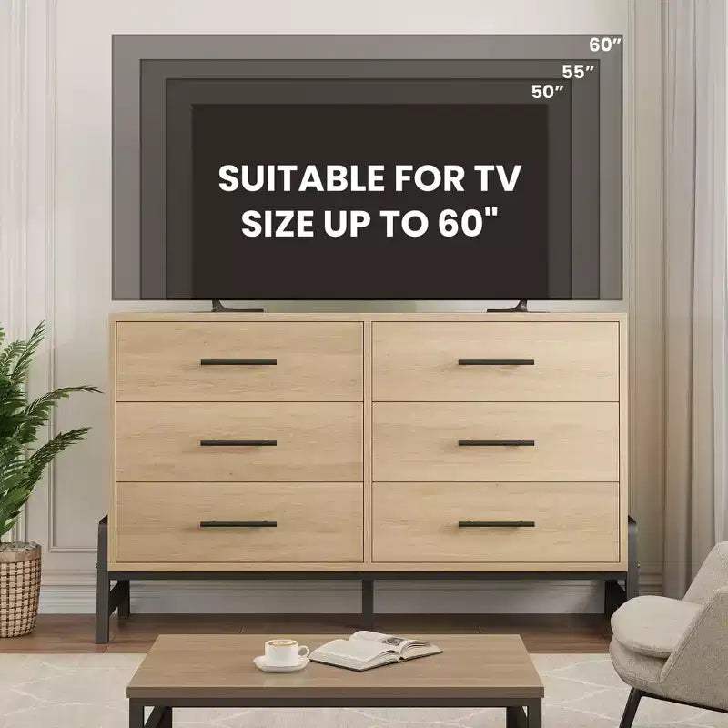 Commode de chambre, commode en bois de 132 cm de large à 6 tiroirs avec grand espace de rangement, meuble autoportant