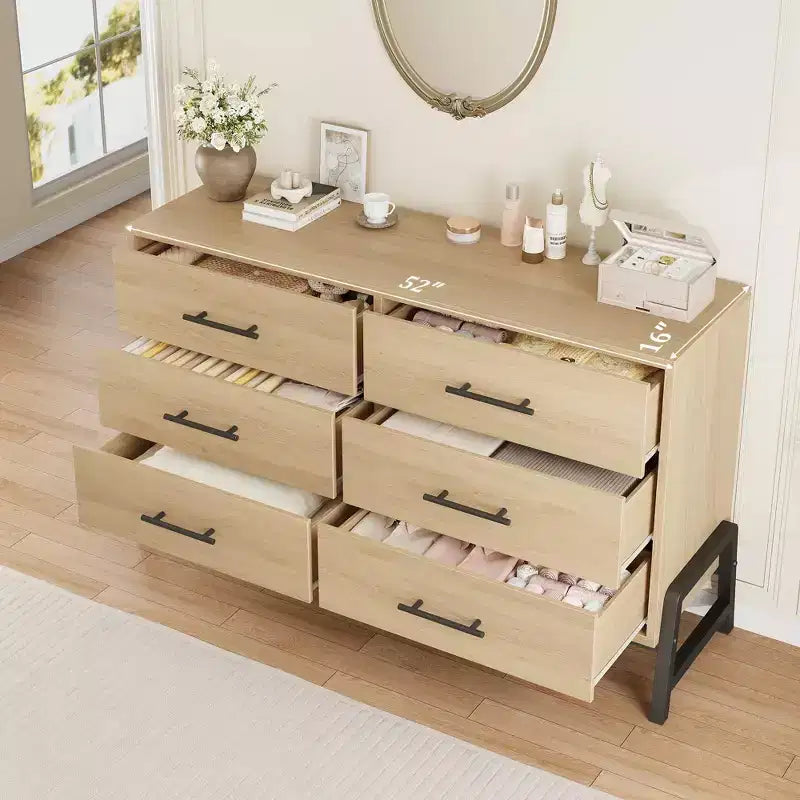 Commode de chambre, commode en bois de 132 cm de large à 6 tiroirs avec grand espace de rangement, meuble autoportant
