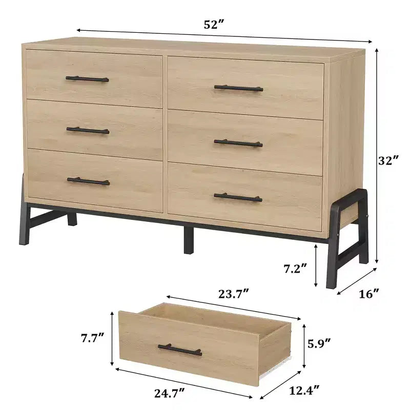 Commode de chambre, commode en bois de 132 cm de large à 6 tiroirs avec grand espace de rangement, meuble autoportant