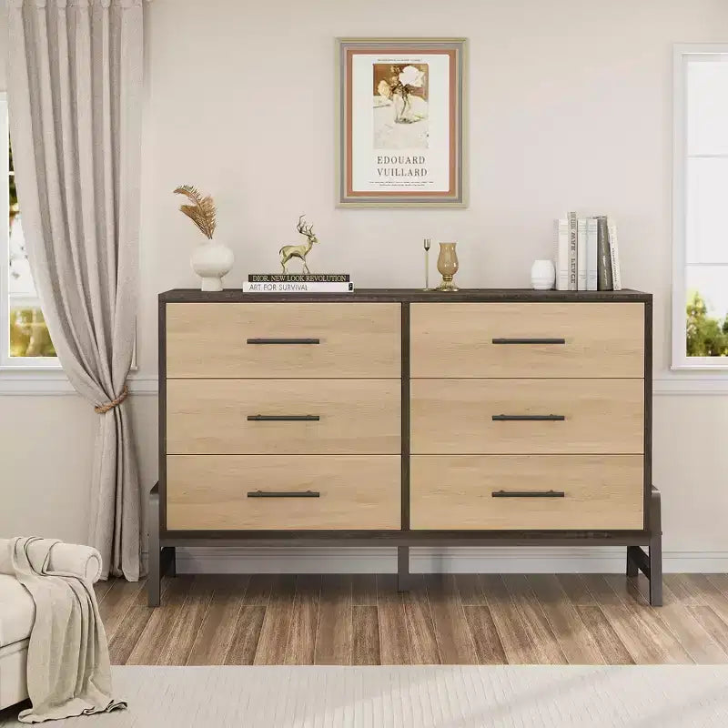Commode de chambre, commode en bois de 132 cm de large à 6 tiroirs avec grand espace de rangement, meuble autoportant