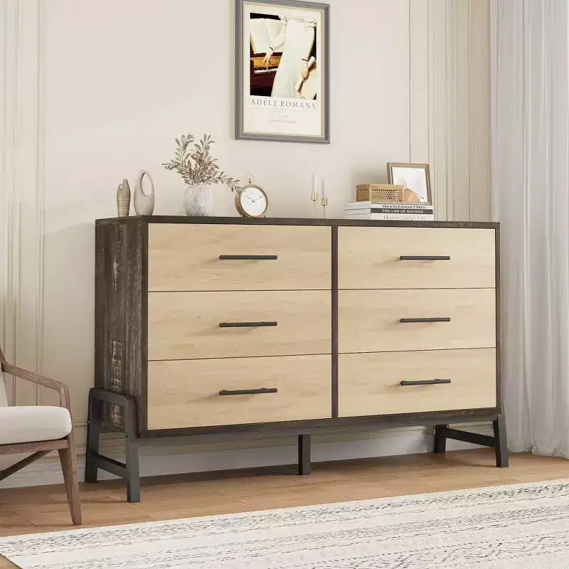 Commode de chambre, commode en bois de 132 cm de large à 6 tiroirs avec grand espace de rangement, meuble autoportant