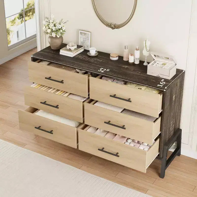 Dresser for Bedroom, 52 in Wide 6-Drawer Wooden Dresser with Large Storage, Freestanding Chest